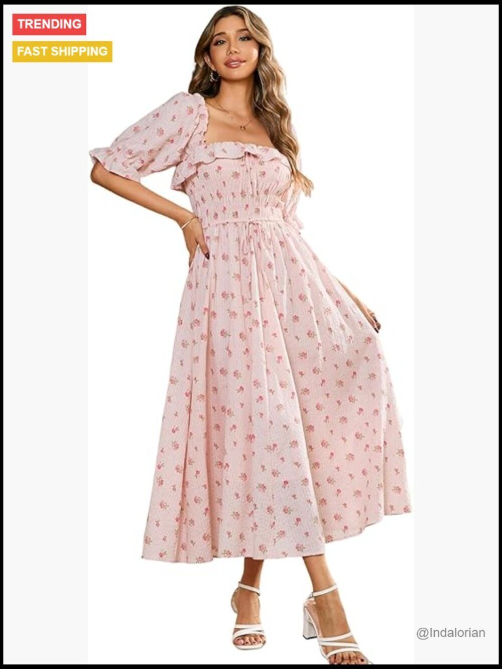 Cotton Midi Dress Square Neck Ruffled Sleeve Backless A-Line Flowy